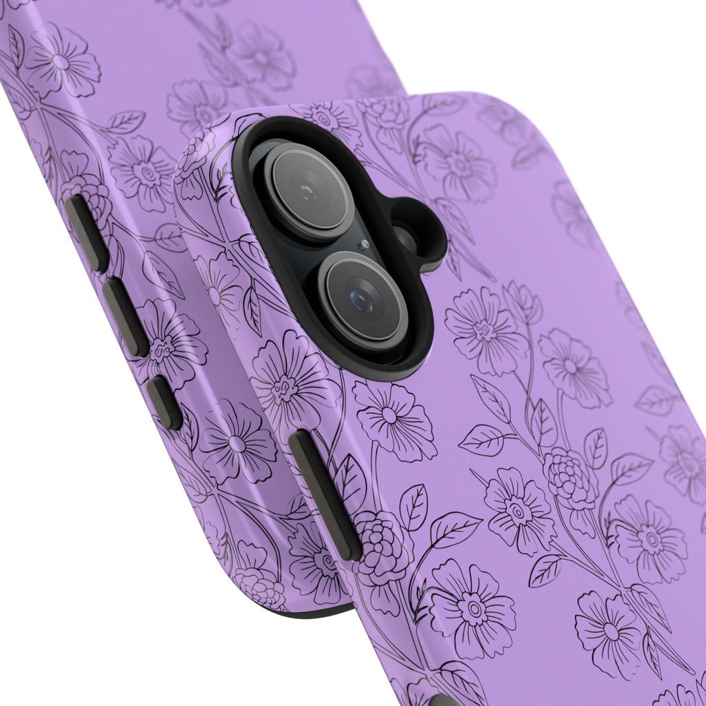 Purple Floral Tough Phone Case – Protective iPhone Case with Delicate Line-Art Flowers