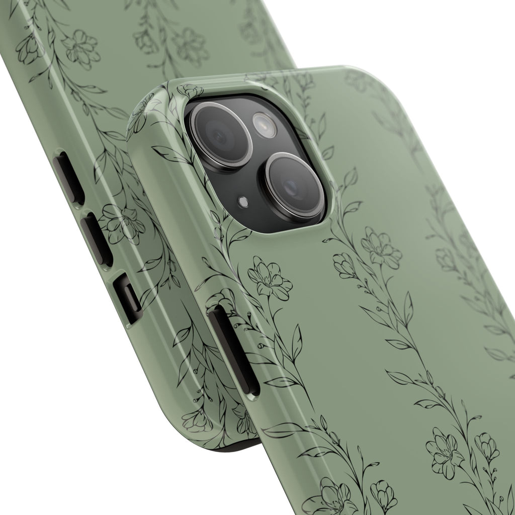 Floral Vine Tough Phone Case — Sage Green Protective iPhone Cover