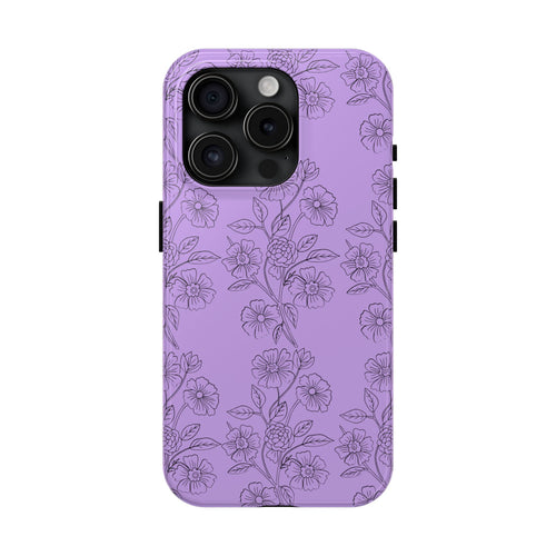 Purple Floral Tough Phone Case – Protective iPhone Case with Delicate Line-Art Flowers