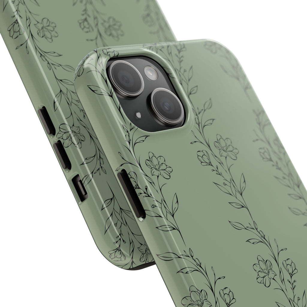 Floral Vine Tough Phone Case — Sage Green Protective iPhone Cover