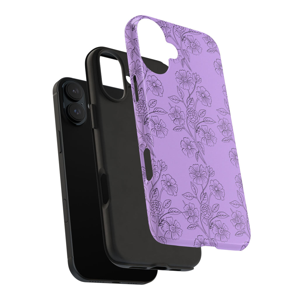 Purple Floral Tough Phone Case – Protective iPhone Case with Delicate Line-Art Flowers
