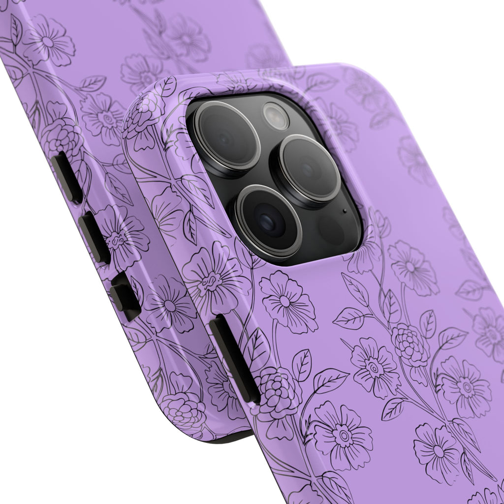 Purple Floral Tough Phone Case – Protective iPhone Case with Delicate Line-Art Flowers