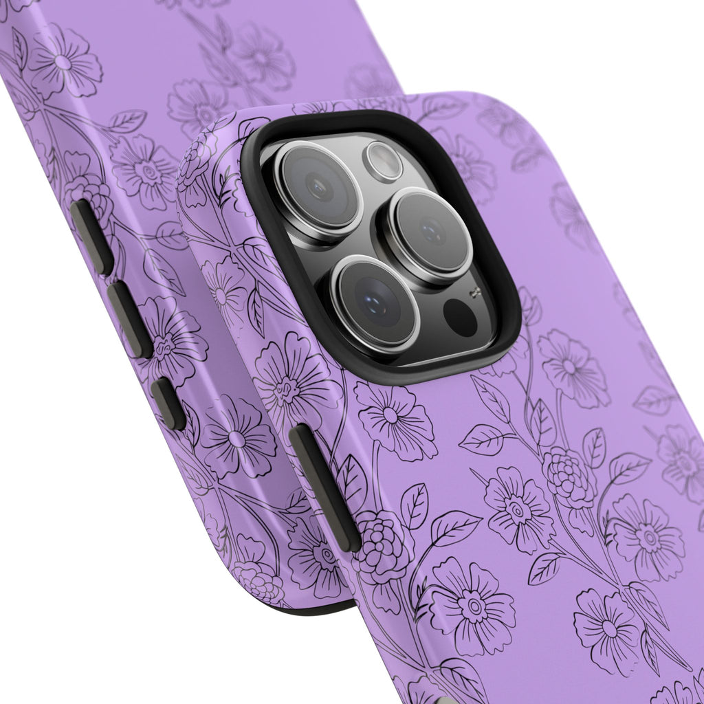 Purple Floral Tough Phone Case – Protective iPhone Case with Delicate Line-Art Flowers