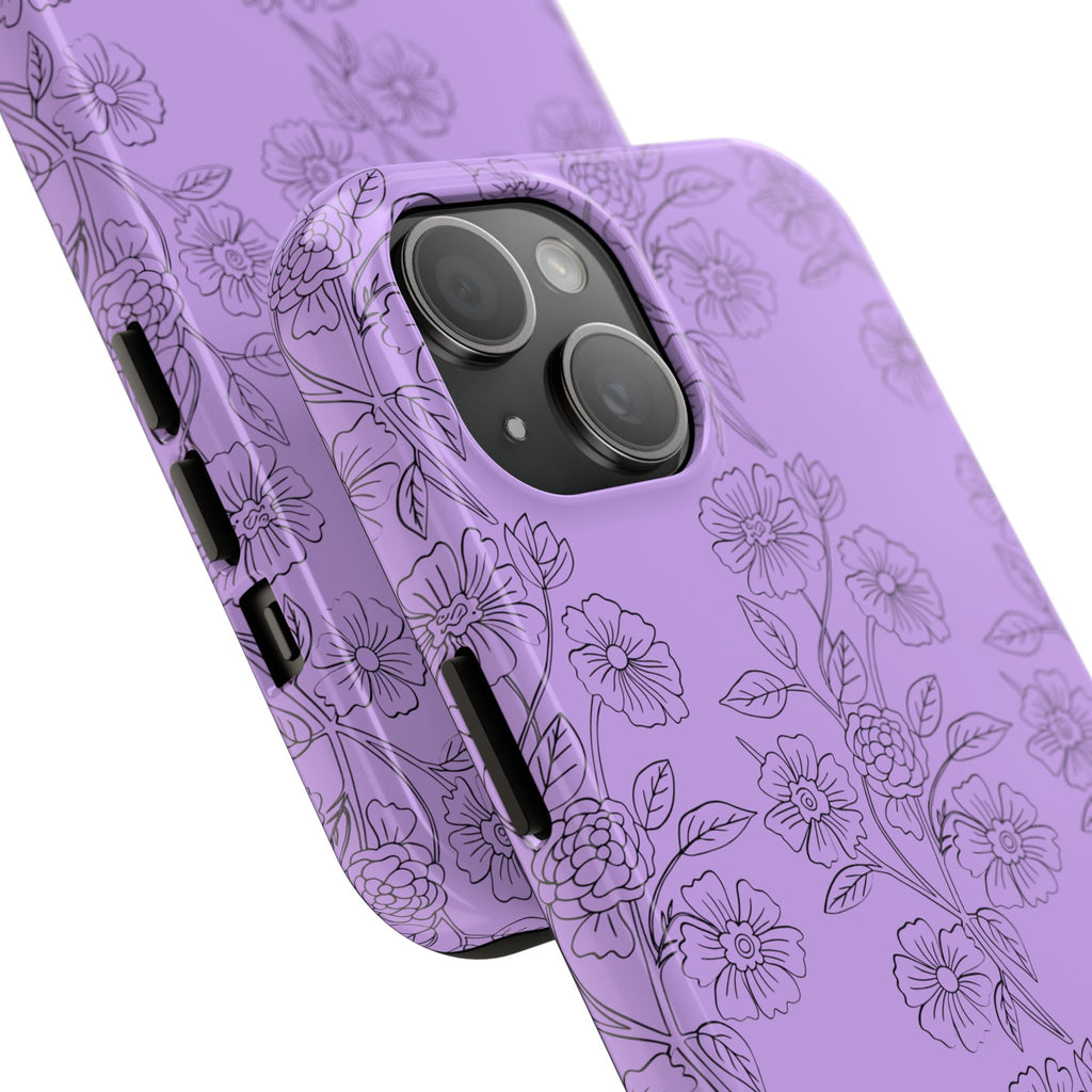 Purple Floral Tough Phone Case – Protective iPhone Case with Delicate Line-Art Flowers