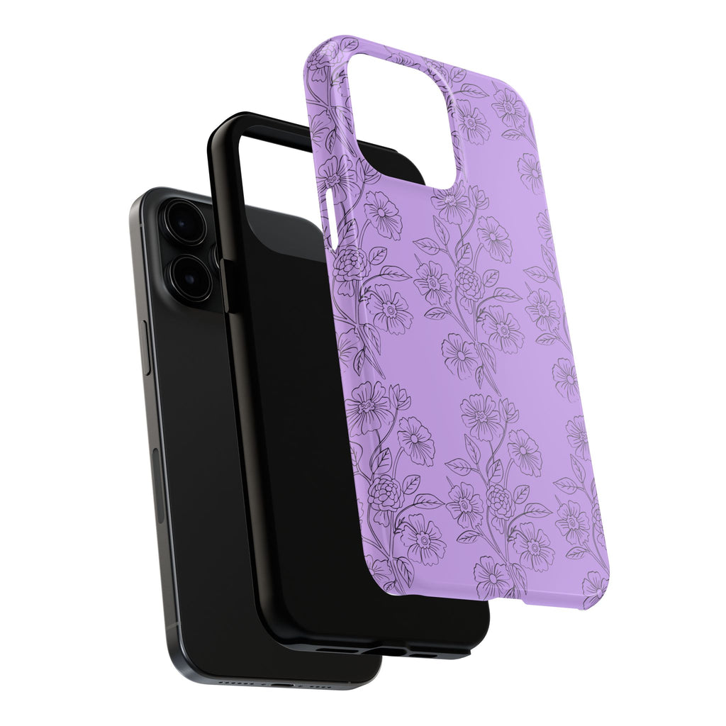 Purple Floral Tough Phone Case – Protective iPhone Case with Delicate Line-Art Flowers
