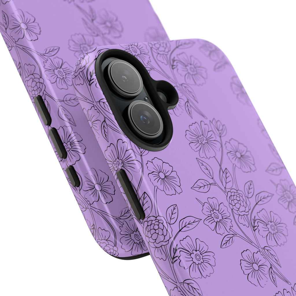 Purple Floral Tough Phone Case – Protective iPhone Case with Delicate Line-Art Flowers