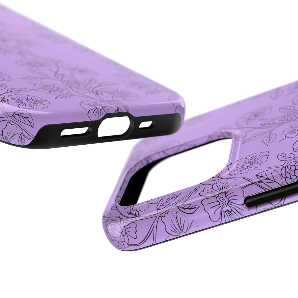 Purple Floral Tough Phone Case – Protective iPhone Case with Delicate Line-Art Flowers