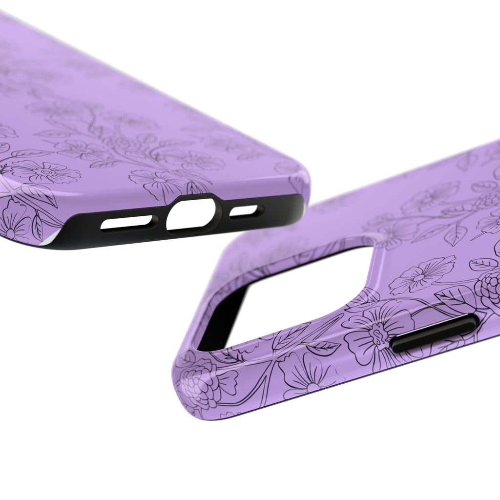 Purple Floral Tough Phone Case – Protective iPhone Case with Delicate Line-Art Flowers