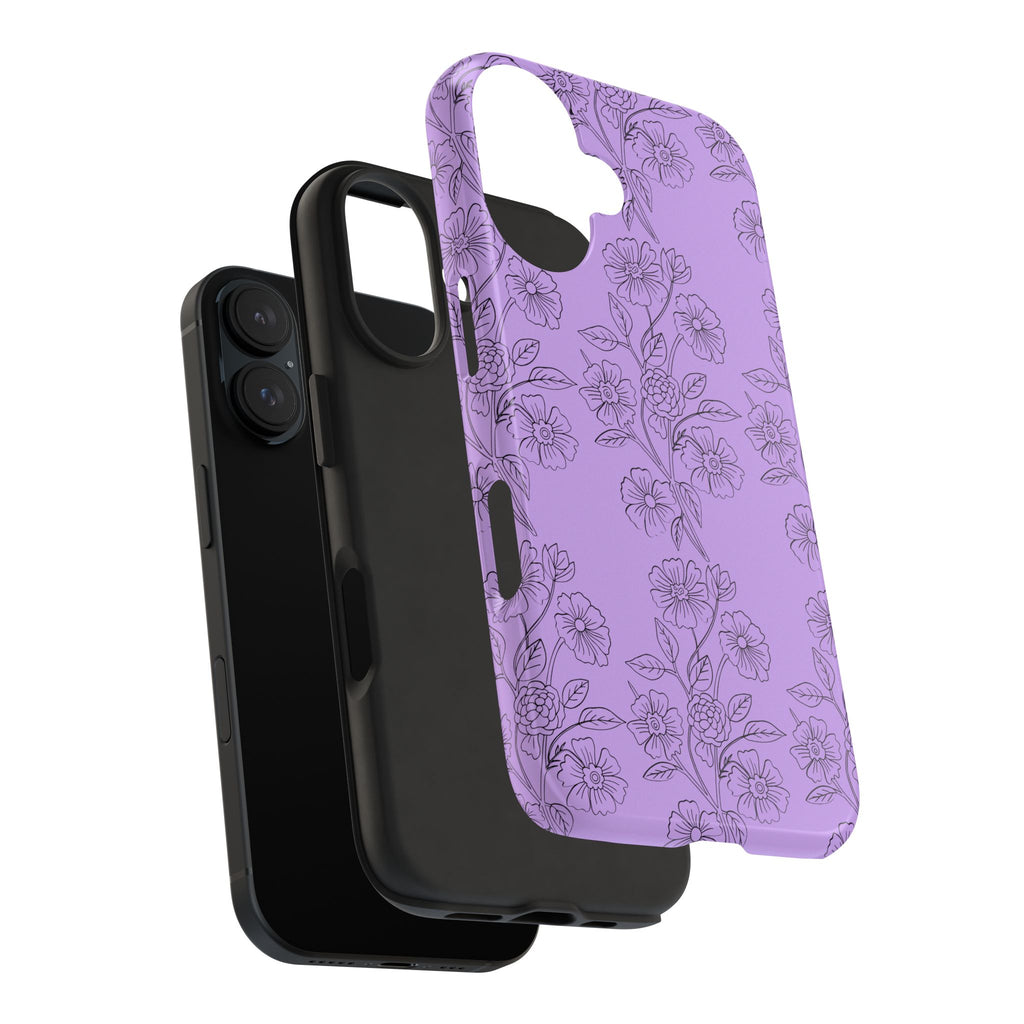 Purple Floral Tough Phone Case – Protective iPhone Case with Delicate Line-Art Flowers