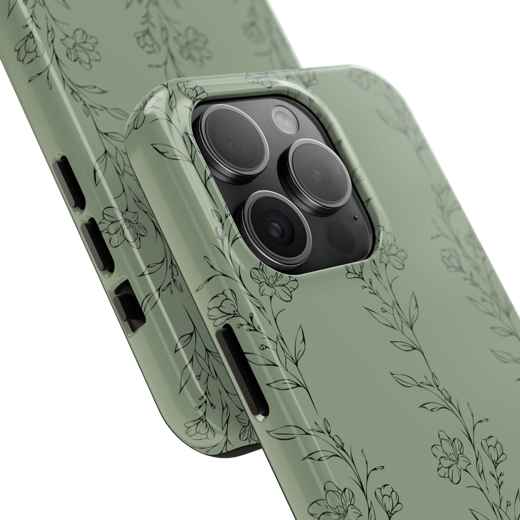 Floral Vine Tough Phone Case — Sage Green Protective iPhone Cover