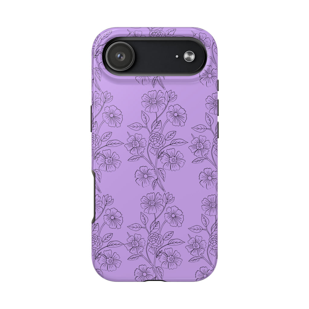 Purple Floral Tough Phone Case – Protective iPhone Case with Delicate Line-Art Flowers