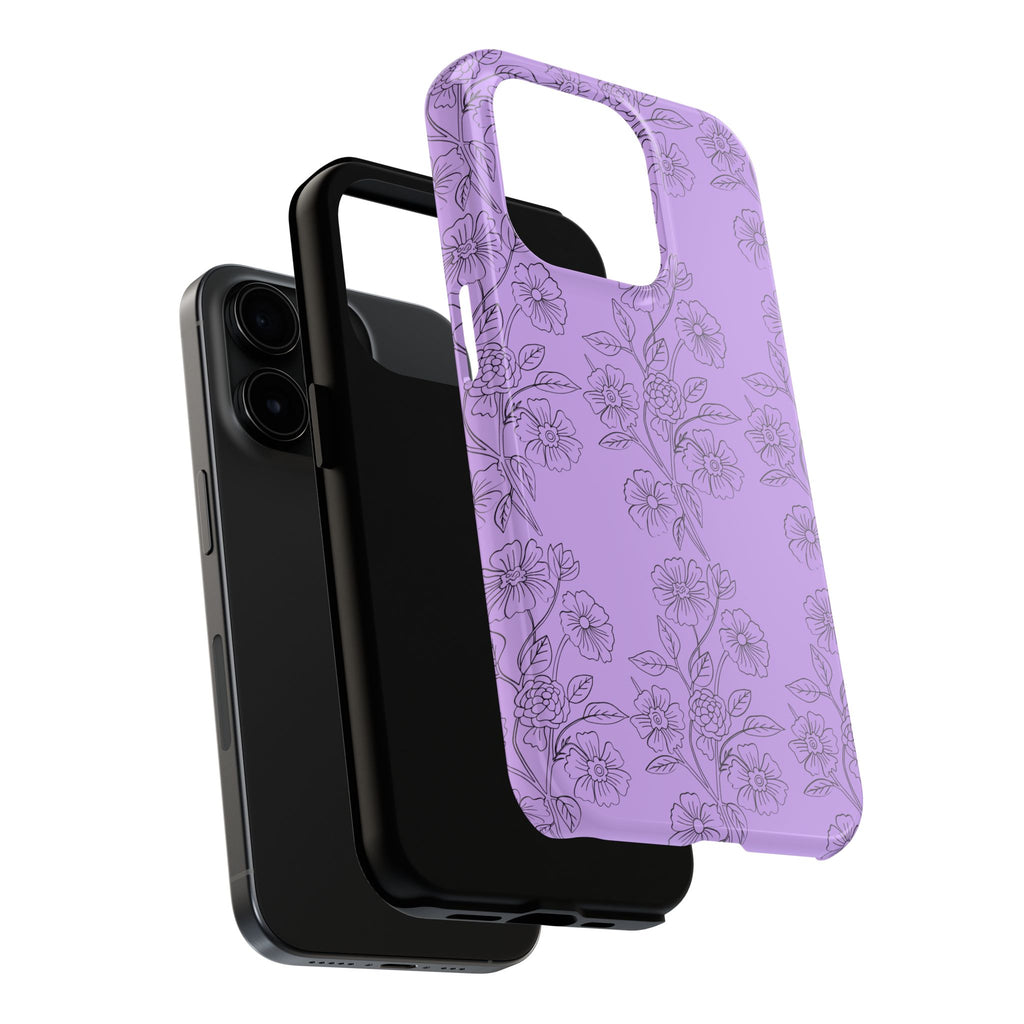 Purple Floral Tough Phone Case – Protective iPhone Case with Delicate Line-Art Flowers